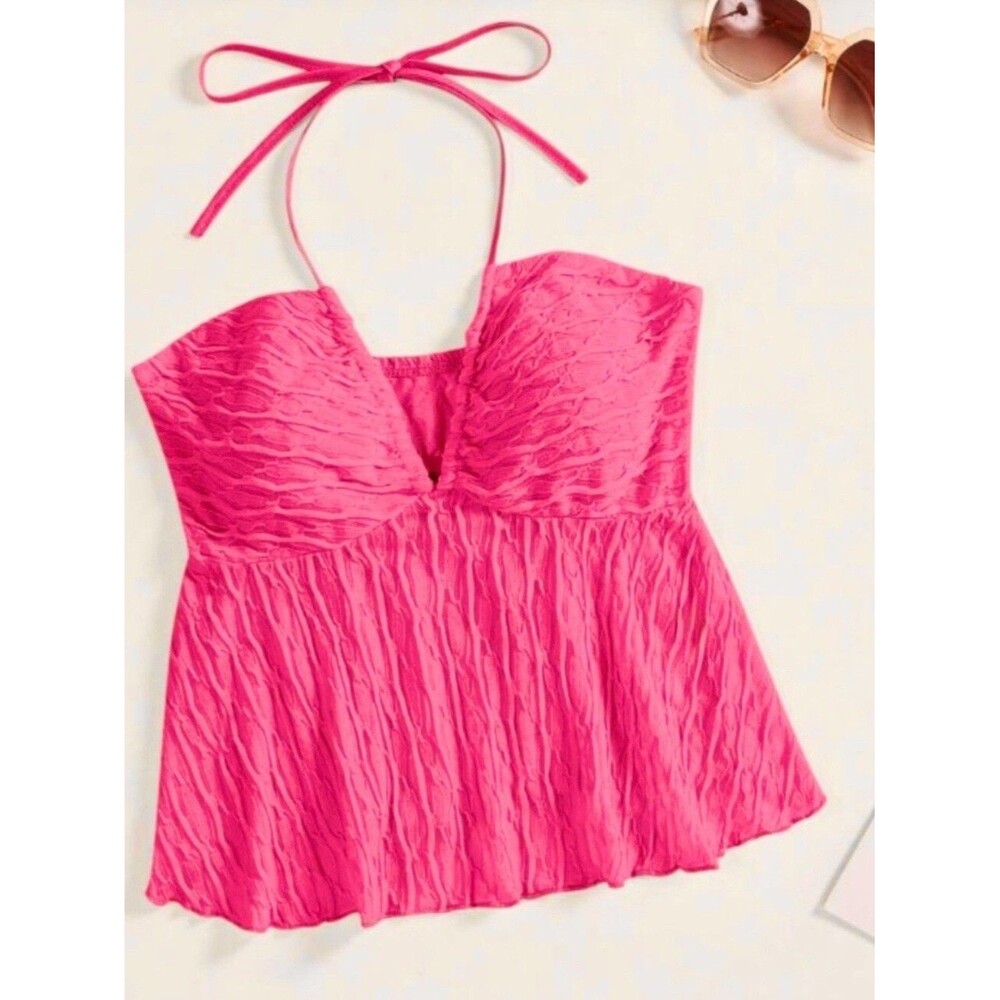 SHEIN Halter Crop Top Womens Large Pink Textured Ruffle Ruched Tiered Boho Y2K